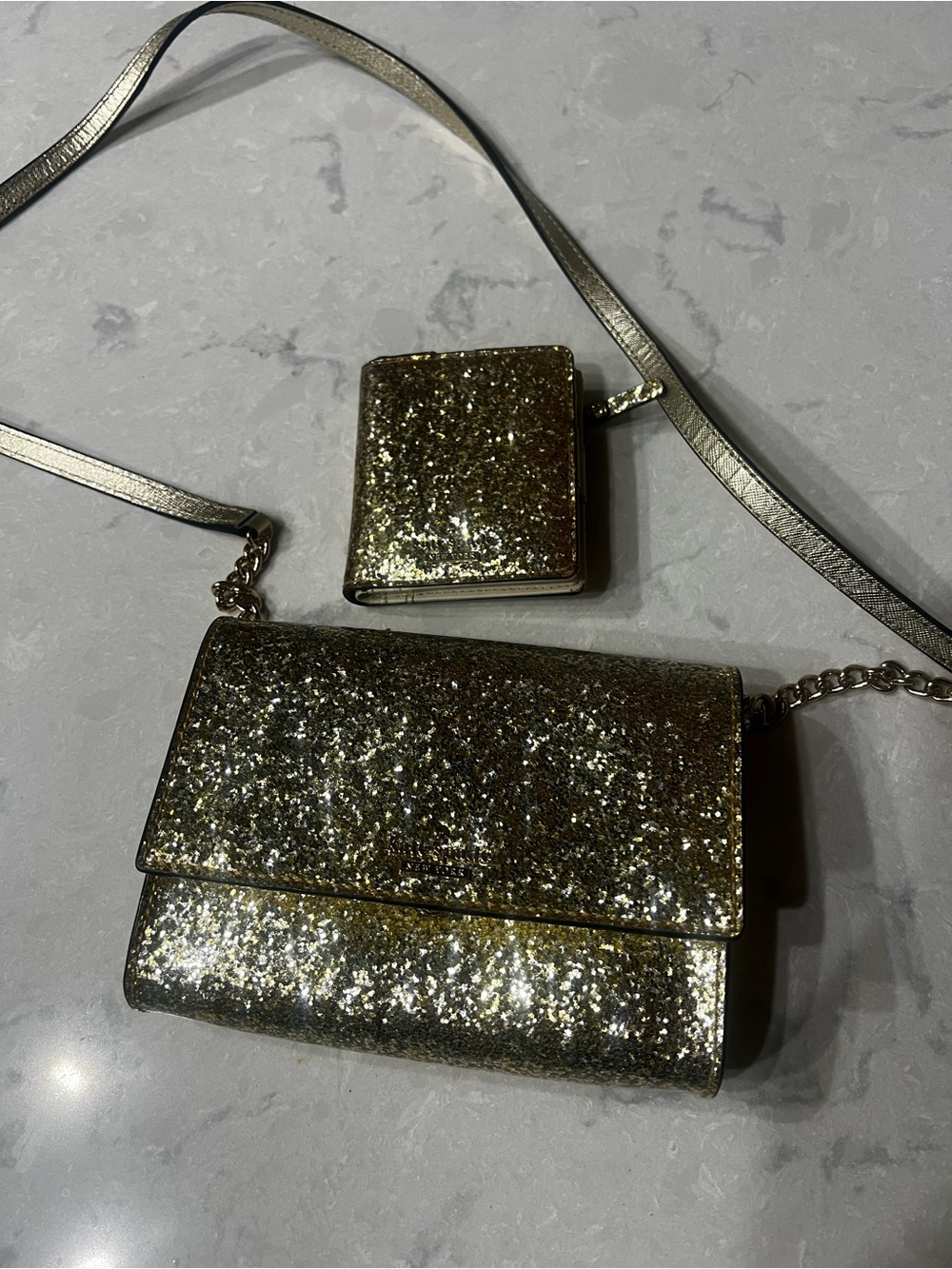 Kate spade  Gold Glitter Crossbody Bag with matching  Wallet